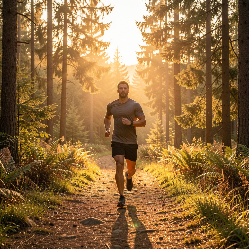 Wide athletic outdoor landscape at dawn with warm golden light across a natural forest trail, symbolic of energy and natural balance for active men