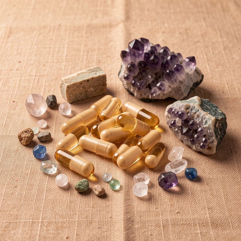 Arrangement of natural supplement capsules and raw mineral ingredients on a clean warm-toned linen surface with controlled studio lighting