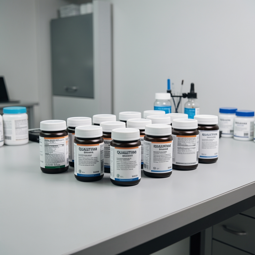 Quality-control bench showing batch-coded supplement containers arranged in a clean workspace with documentary-style overhead lighting