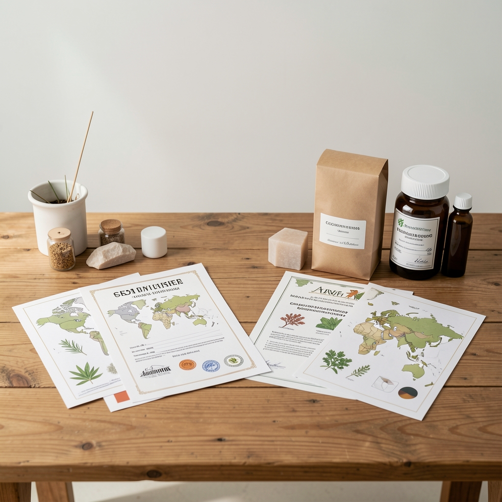 Sourcing documentation papers laid flat on a wooden table showing ingredient lot records and supplier certificates of composition