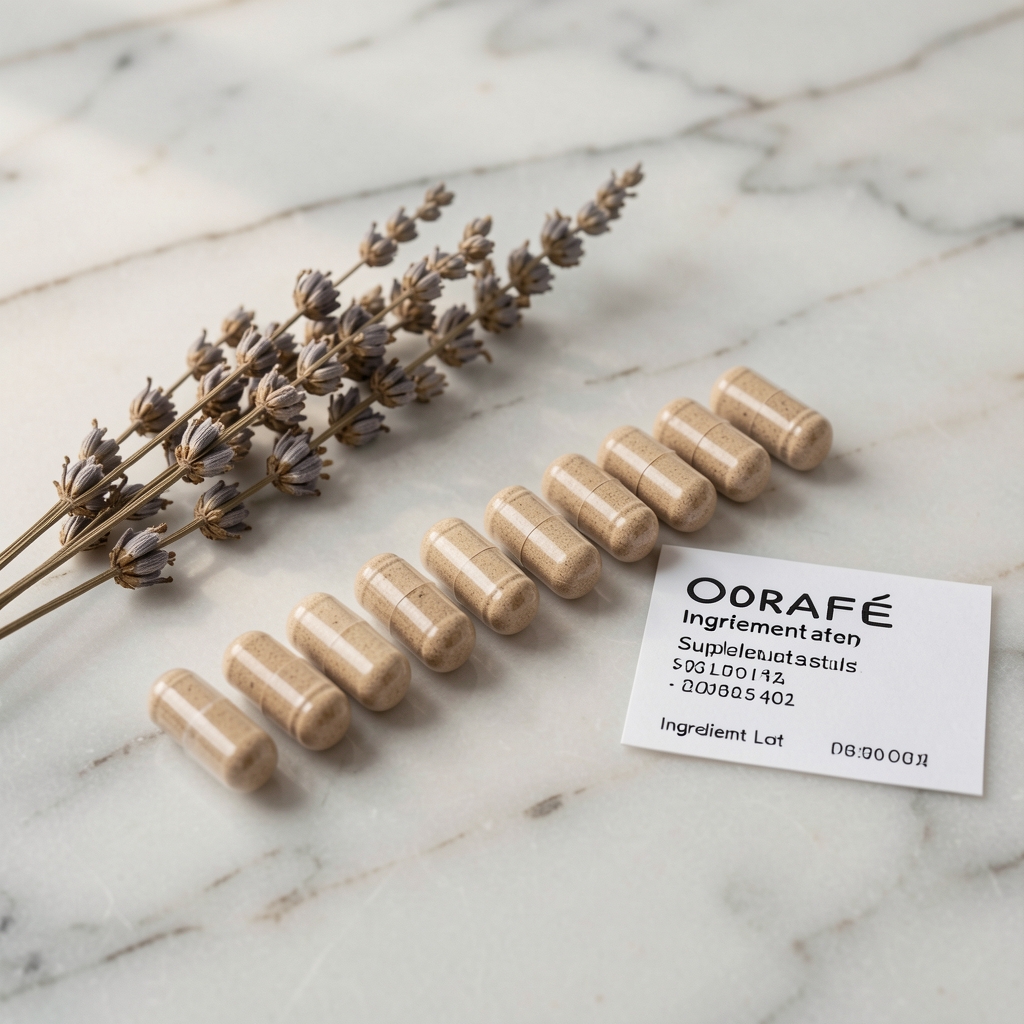 Orafe supplement capsules arranged in a row on a marble surface next to a sprig of dried herbs and a small card showing ingredient lot reference