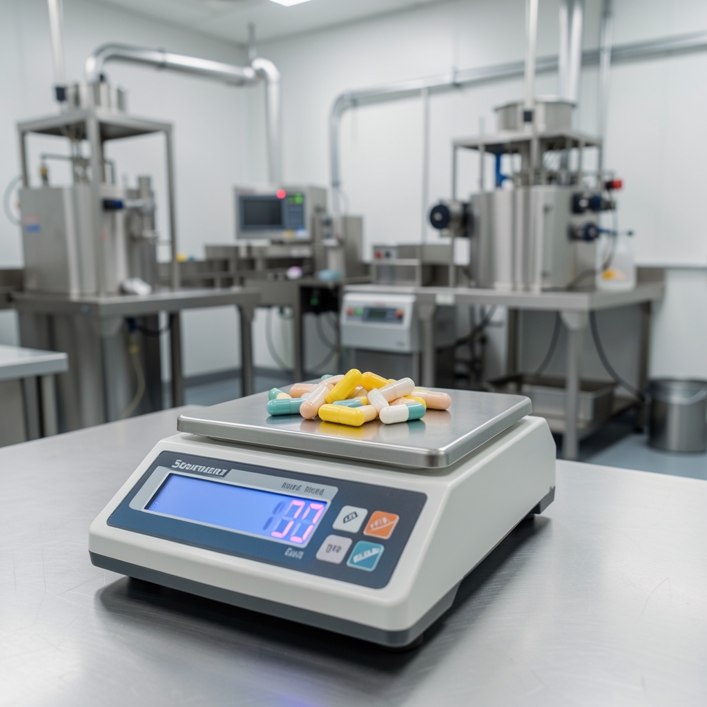Supplement capsules being counted and measured on a precision balance scale inside a clean food-grade production room