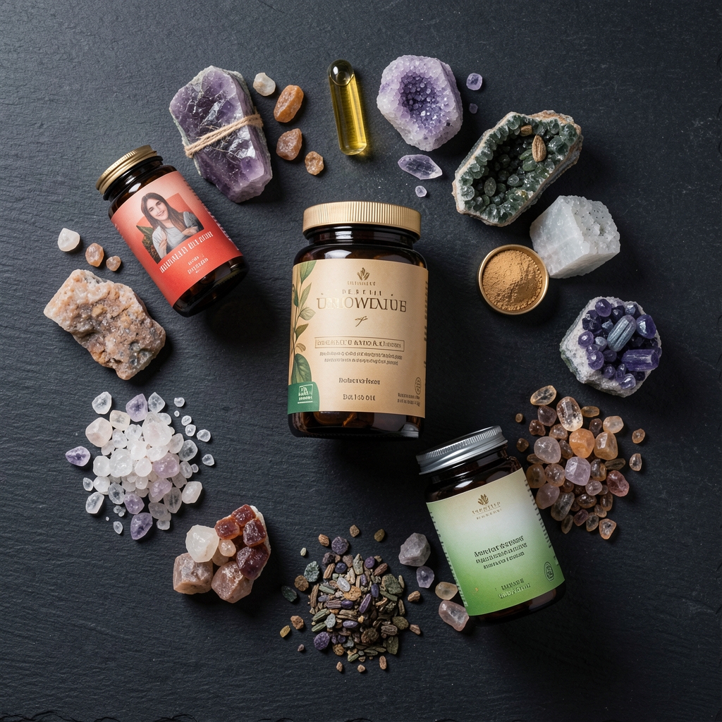 Overhead arrangement of premium supplement bottles and raw natural mineral ingredients on a dark slate surface under sharp studio lighting