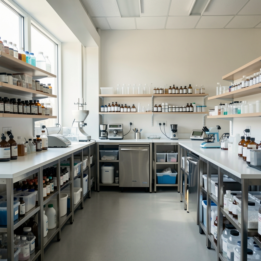 Interior view of the Orafe Jakarta formulation studio showing clean work surfaces and ingredient storage in a professionally organised workspace